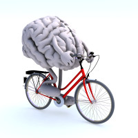 human brain with arms and legs riding a bicycle, 3d illustration
